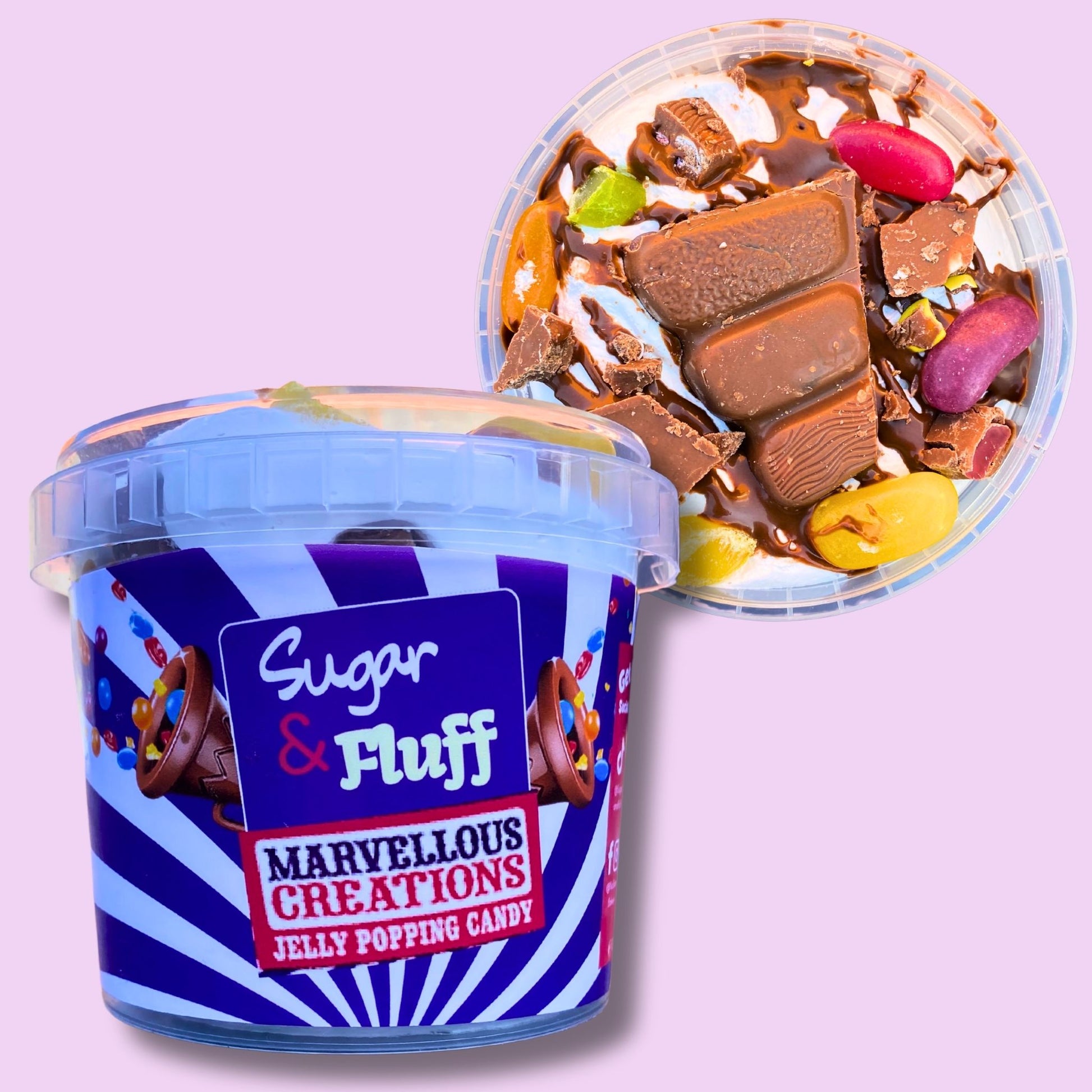 Container of 'Sugar & Fluff' jelly poppy candy with colorful candies inside on a pink background